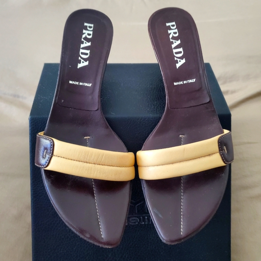 Prada Leather, Open Toe, Slip-on Sandel. 2" Heel. Size 39. (8.5)